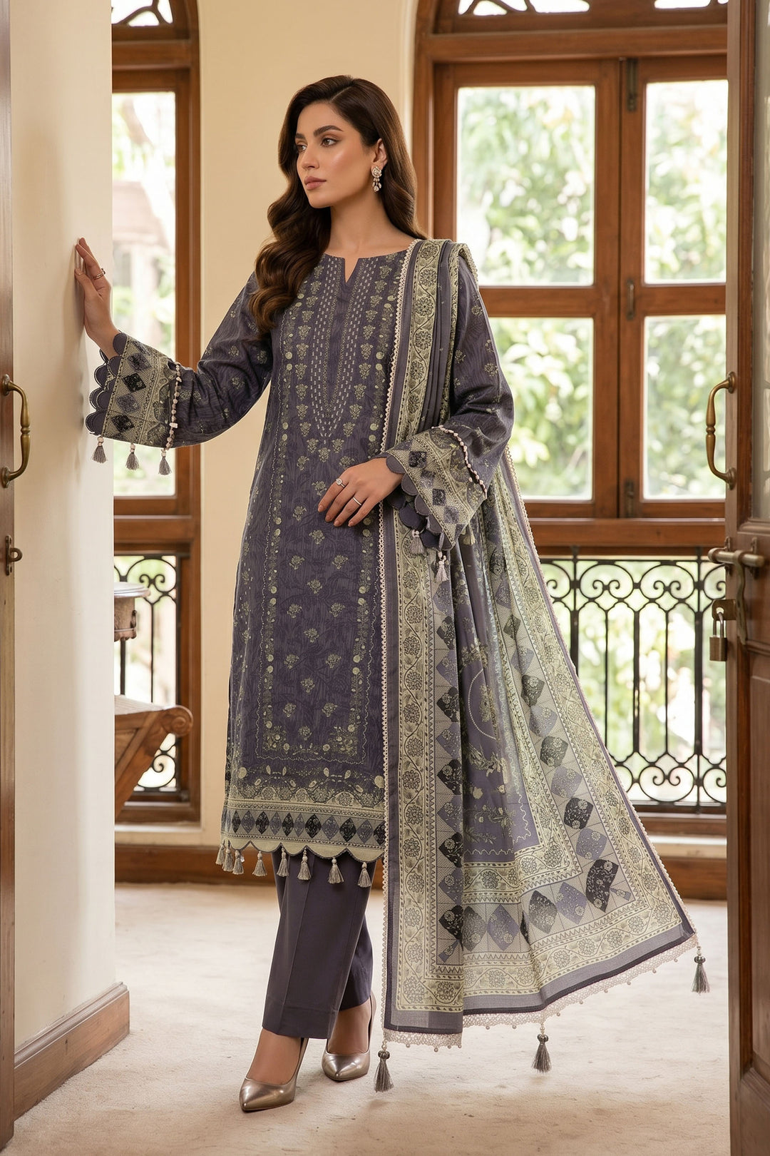 Purple Taupe 3 Piece Unstitched Premium Printed Lawn Suit By Jacquard Clothing Summer Collection 2026
