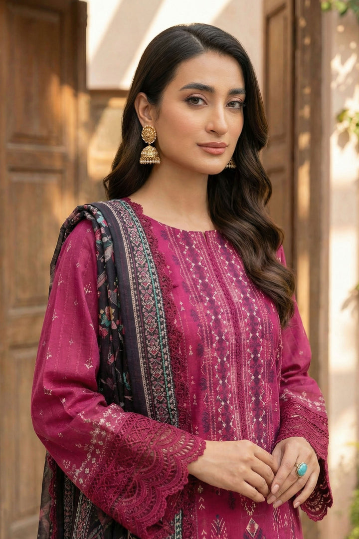 Raspberry 3 Piece Unstitched Premium Printed Lawn Suit - Jacquard Wirsa By Zainab Collection Summer 2026