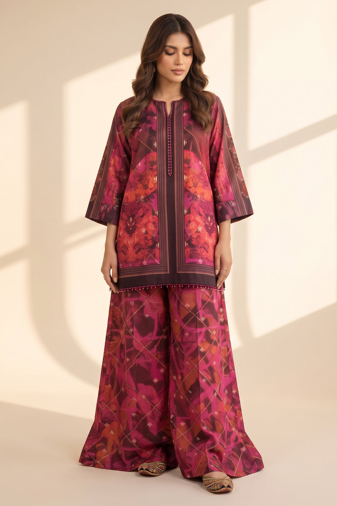 Red Brown 2 Piece Unstitched Printed Cambric Co-Ord Set