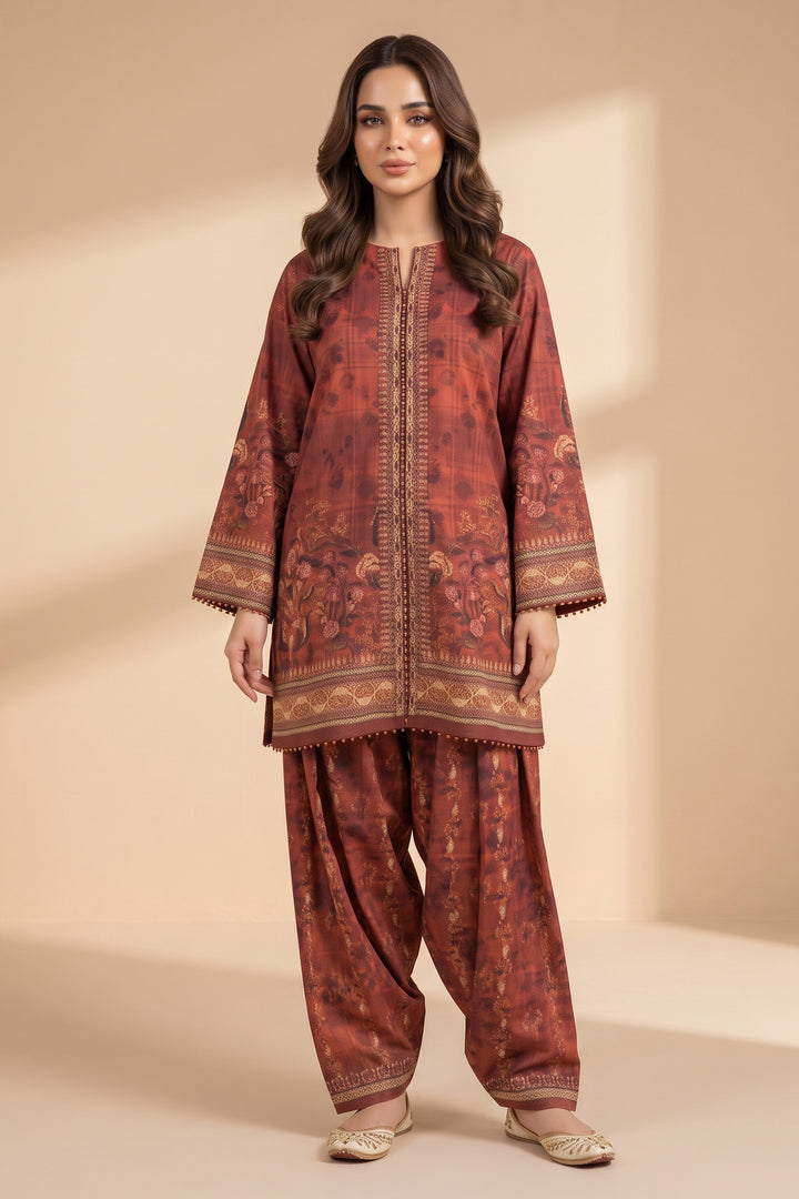 Red Brown 2 Piece Unstitched Printed Cambric Co-Ord Set