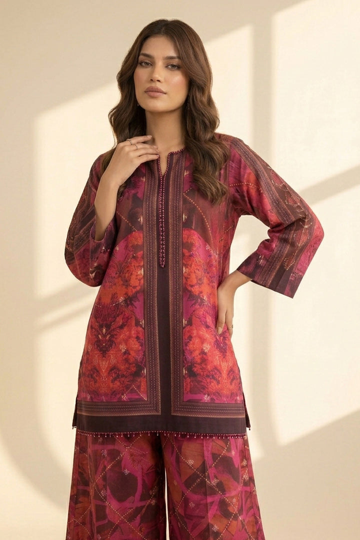 Red Brown 2 Piece Unstitched Printed Cambric Co-Ord Set