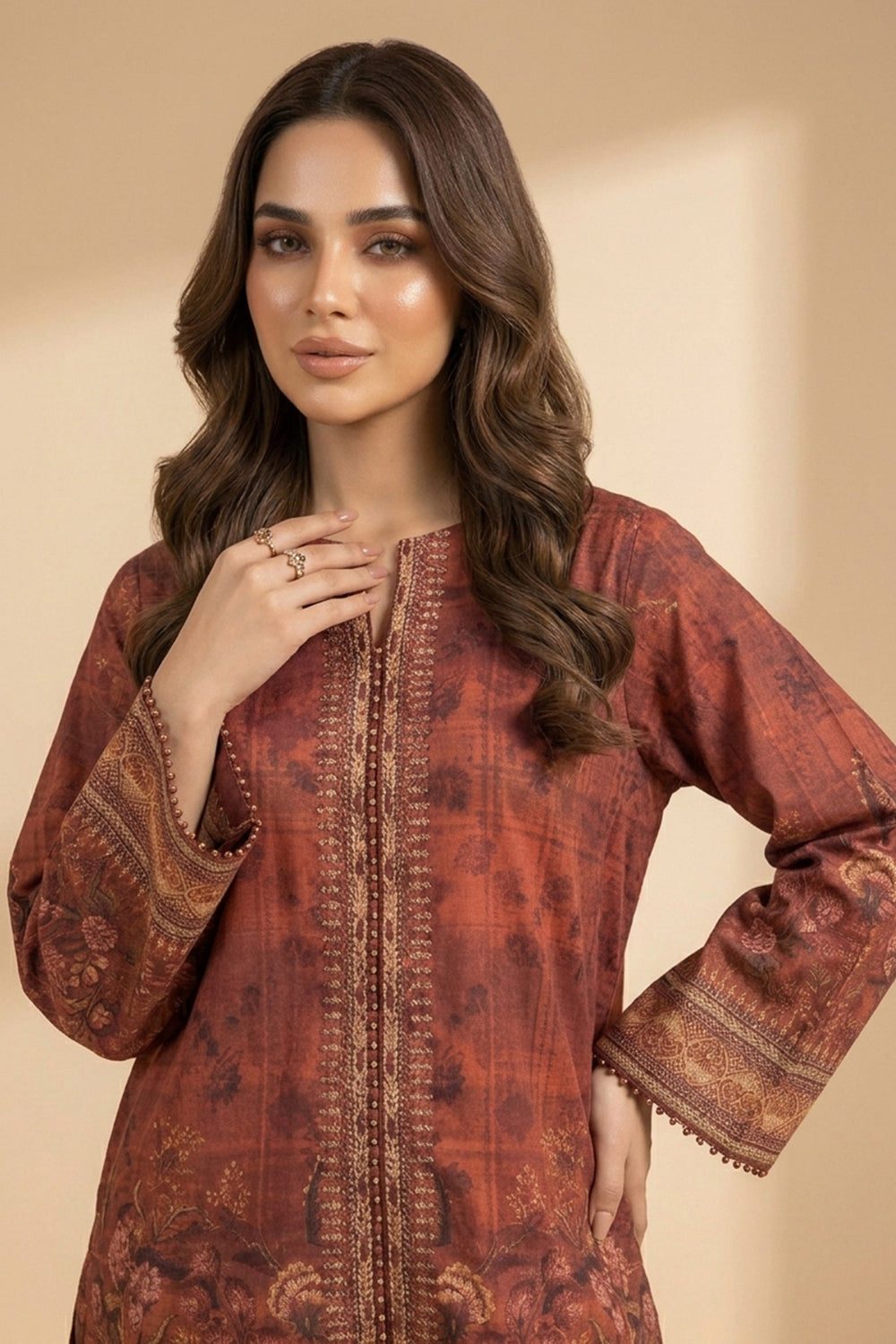 Red Brown 2 Piece Unstitched Printed Cambric Co-Ord Set