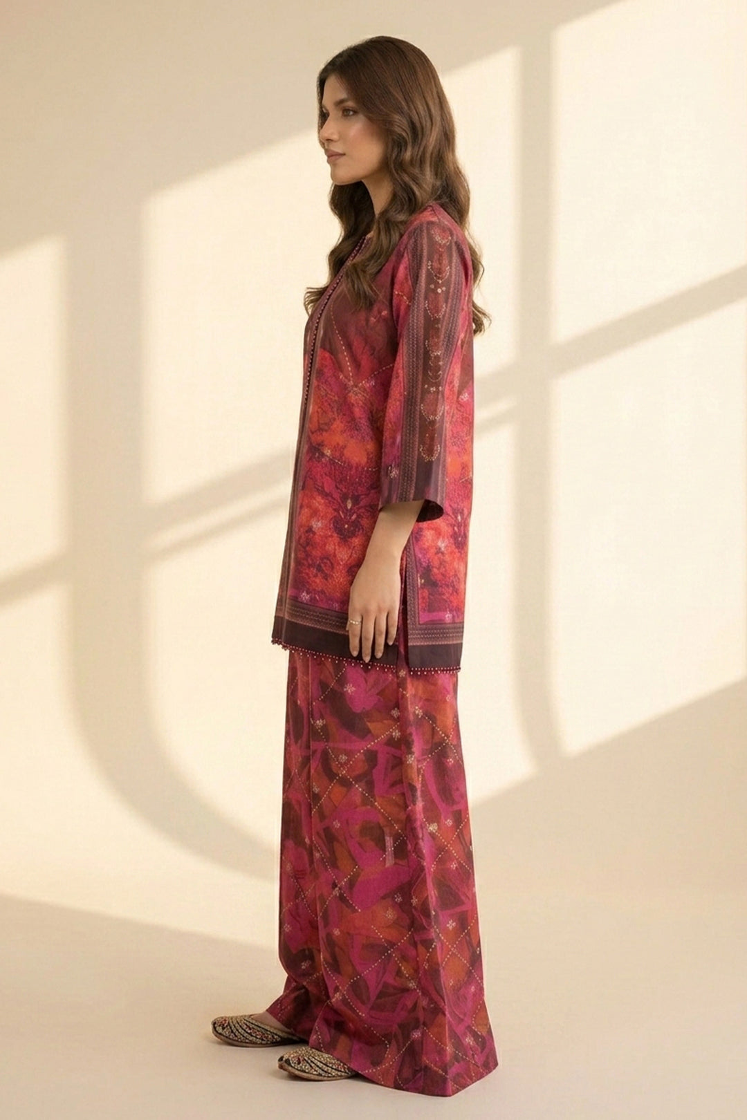 Red Brown 2 Piece Unstitched Printed Cambric Co-Ord Set