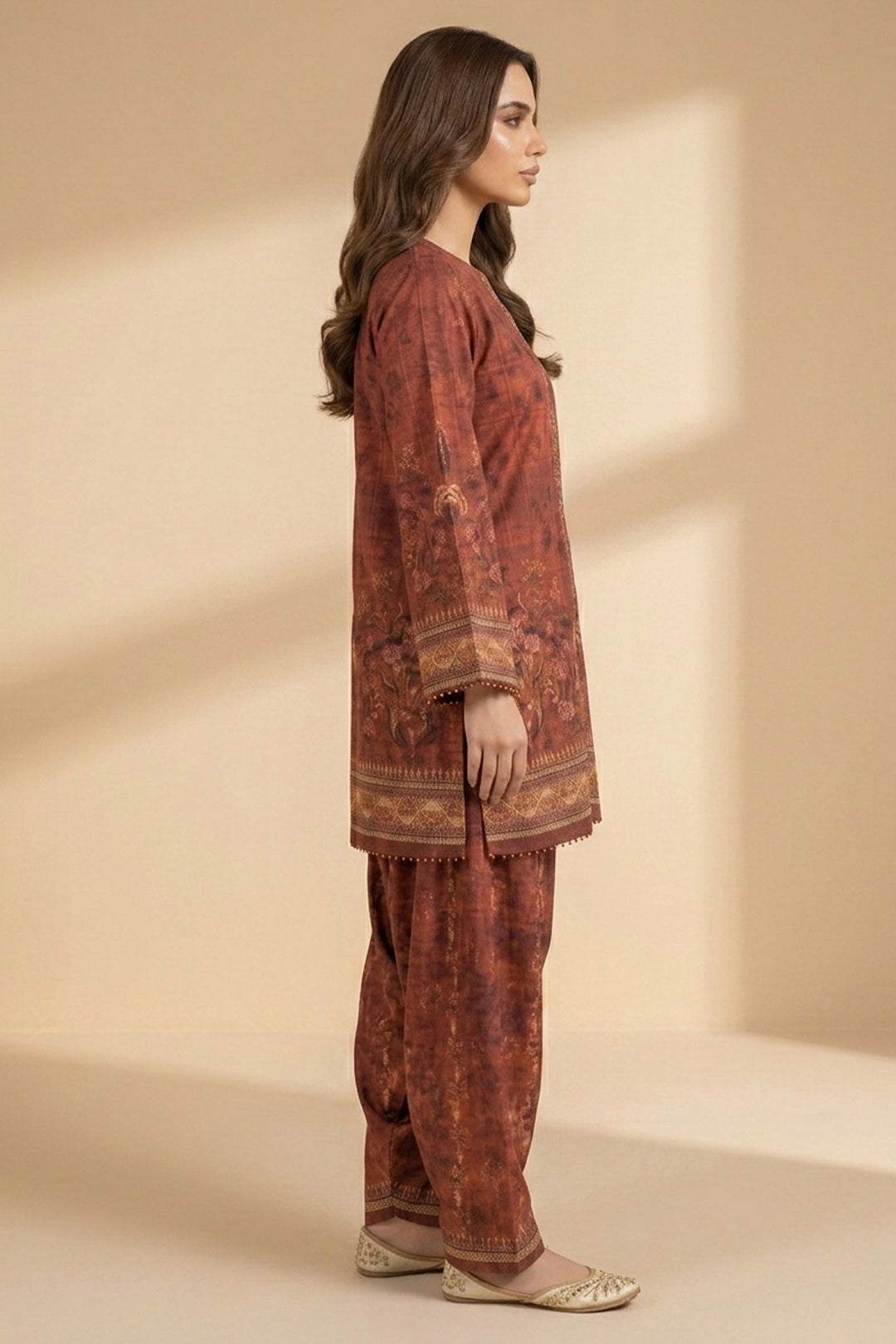 Red Brown 2 Piece Unstitched Printed Cambric Co-Ord Set