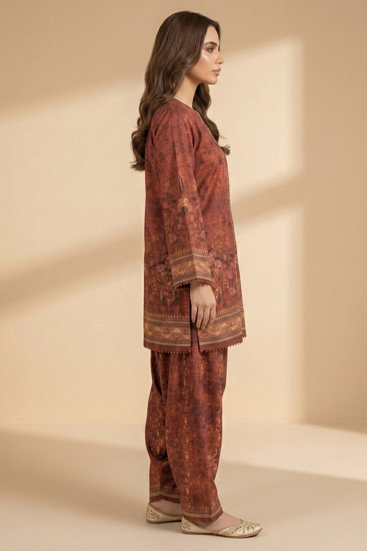 Red Brown 2 Piece Unstitched Printed Cambric Co-Ord Set