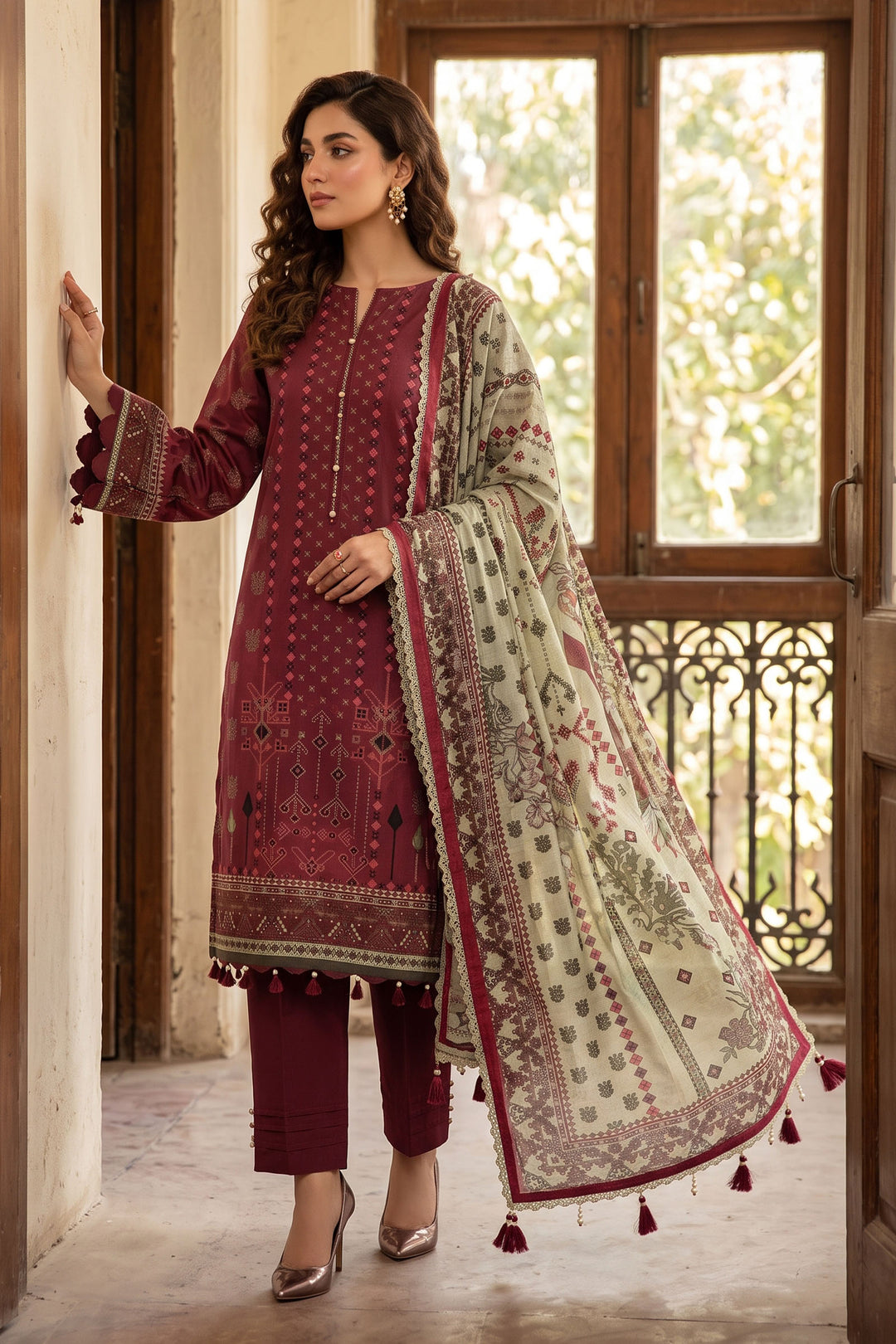 Red 3 Piece Unstitched Premium Printed Lawn Suit By Jacquard Clothing Summer Collection 2026