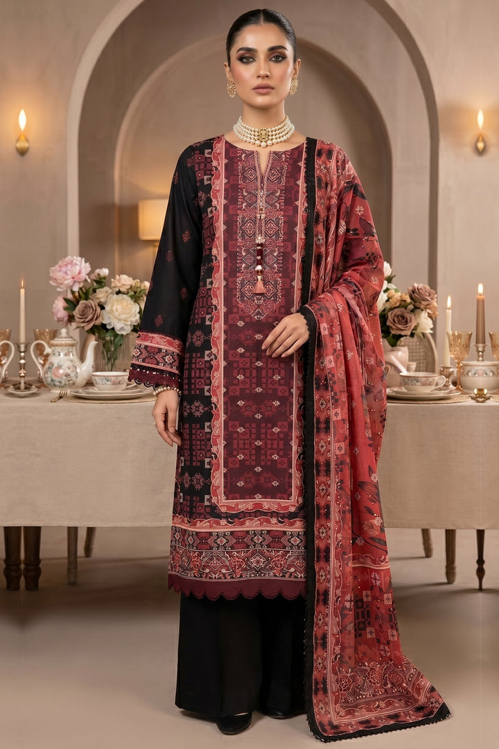 Red &amp; Black 3 Piece Unstitched Premium Printed Lawn Suit By Jacquard Clothing Summer Collection 2026