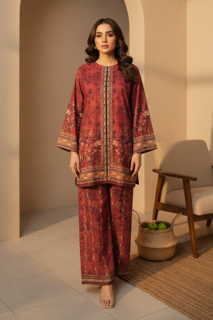 Red Brown 2 Pc Unstitched Printed Cambric Co-Ord Set