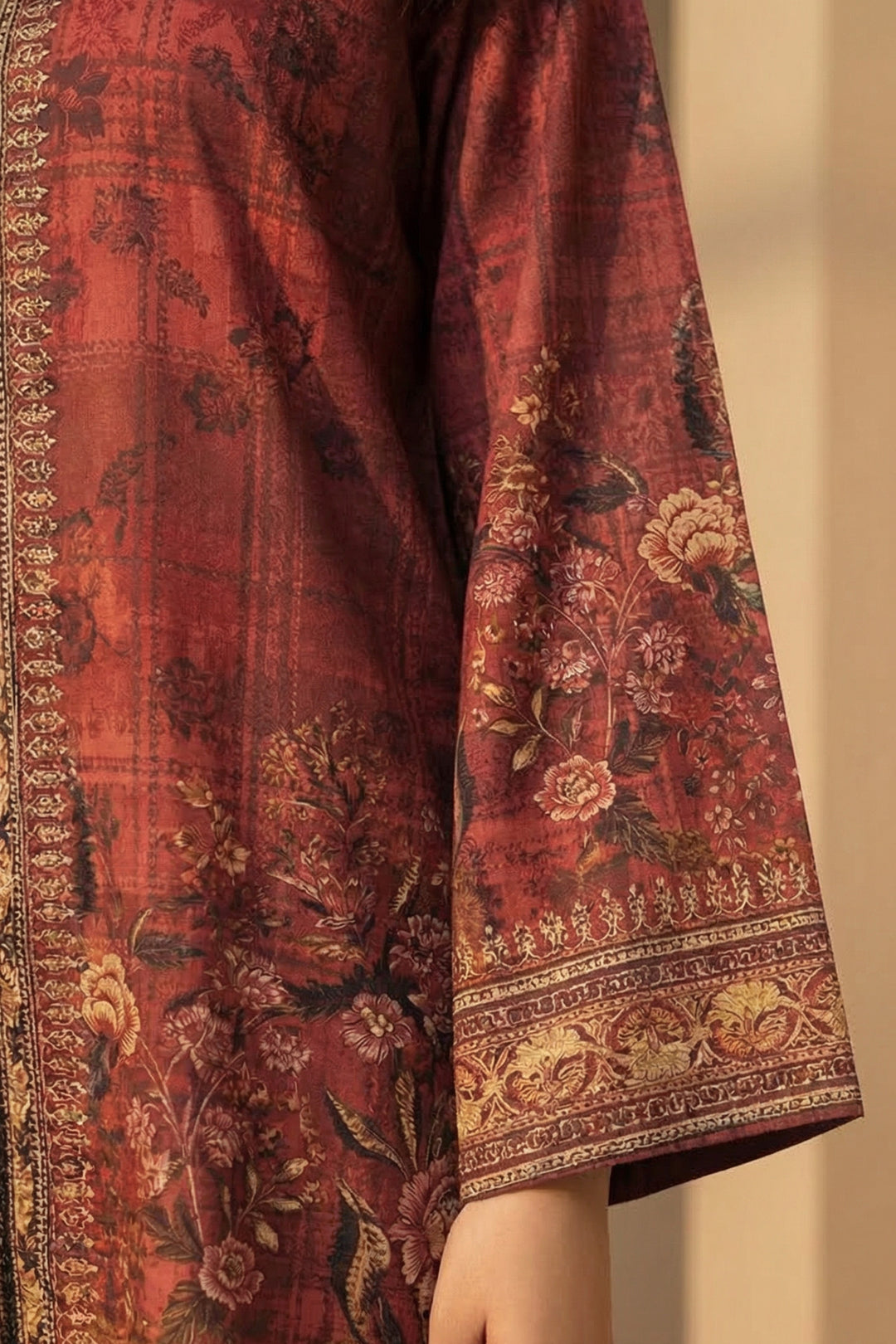 Red Brown 2 Pc Unstitched Printed Cambric Co-Ord Set