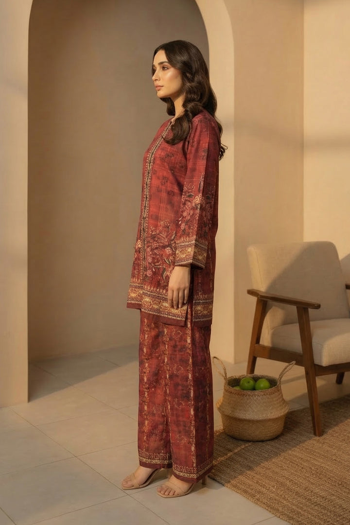 Red Brown 2 Pc Unstitched Printed Cambric Co-Ord Set