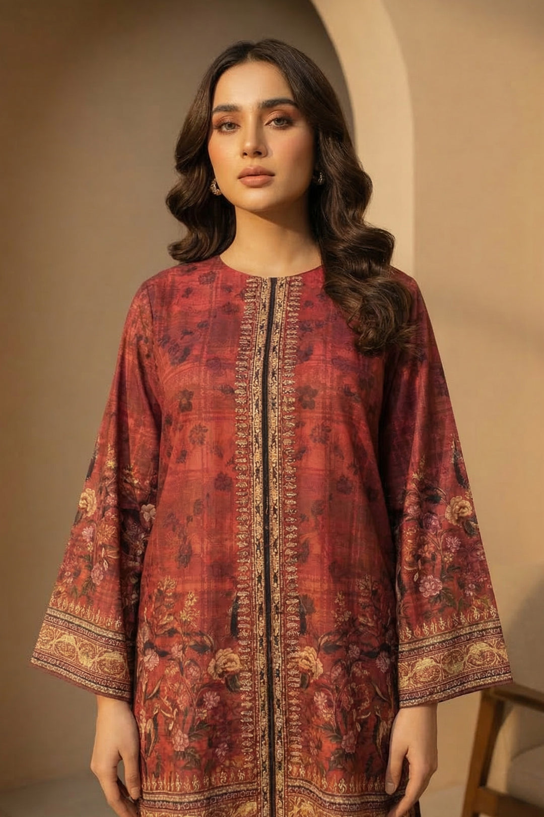 Red Brown 2 Pc Unstitched Printed Cambric Co-Ord Set