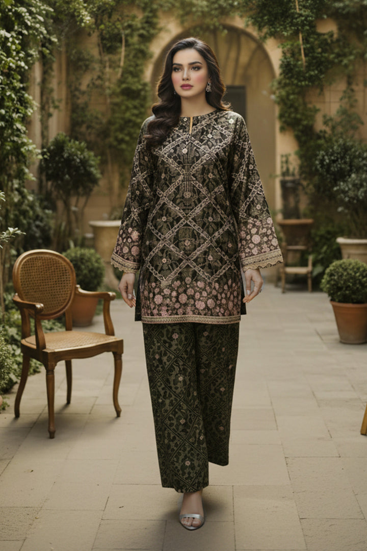 Rifle Green 2 Pc Unstitched Printed Cambric Co-Ord Set