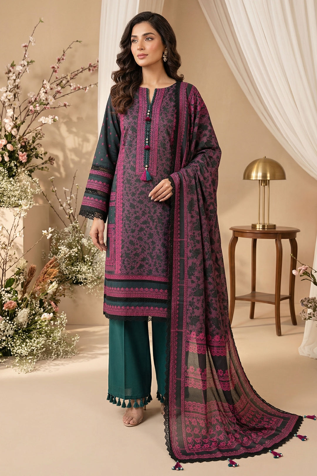 Rifle Green 3 Piece Unstitched Premium Printed Lawn Suit By Jacquard Clothing Summer 2026 Hania Manahil Collection