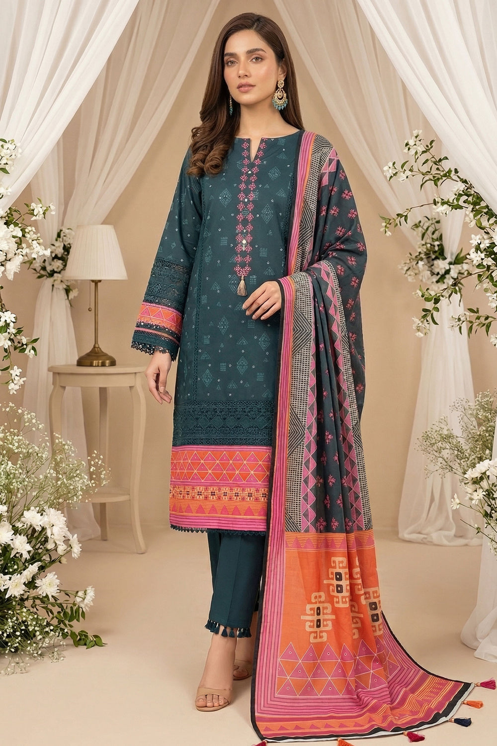 Rifle Green 3 Piece Unstitched Premium Printed Lawn Suit By Jacquard Clothing Summer 2026 Hania Manahil Collection
