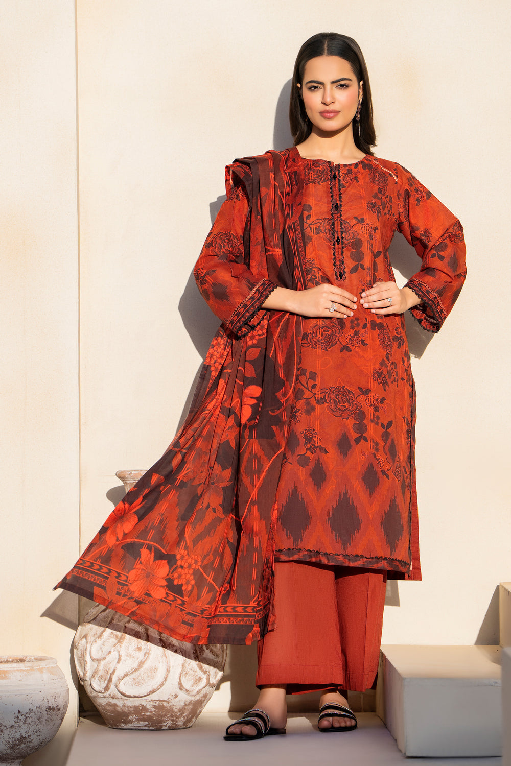 Rust 3 Piece Unstitched Premium Lawn - SU25V7-S8 - JACQUARD CLOTHING