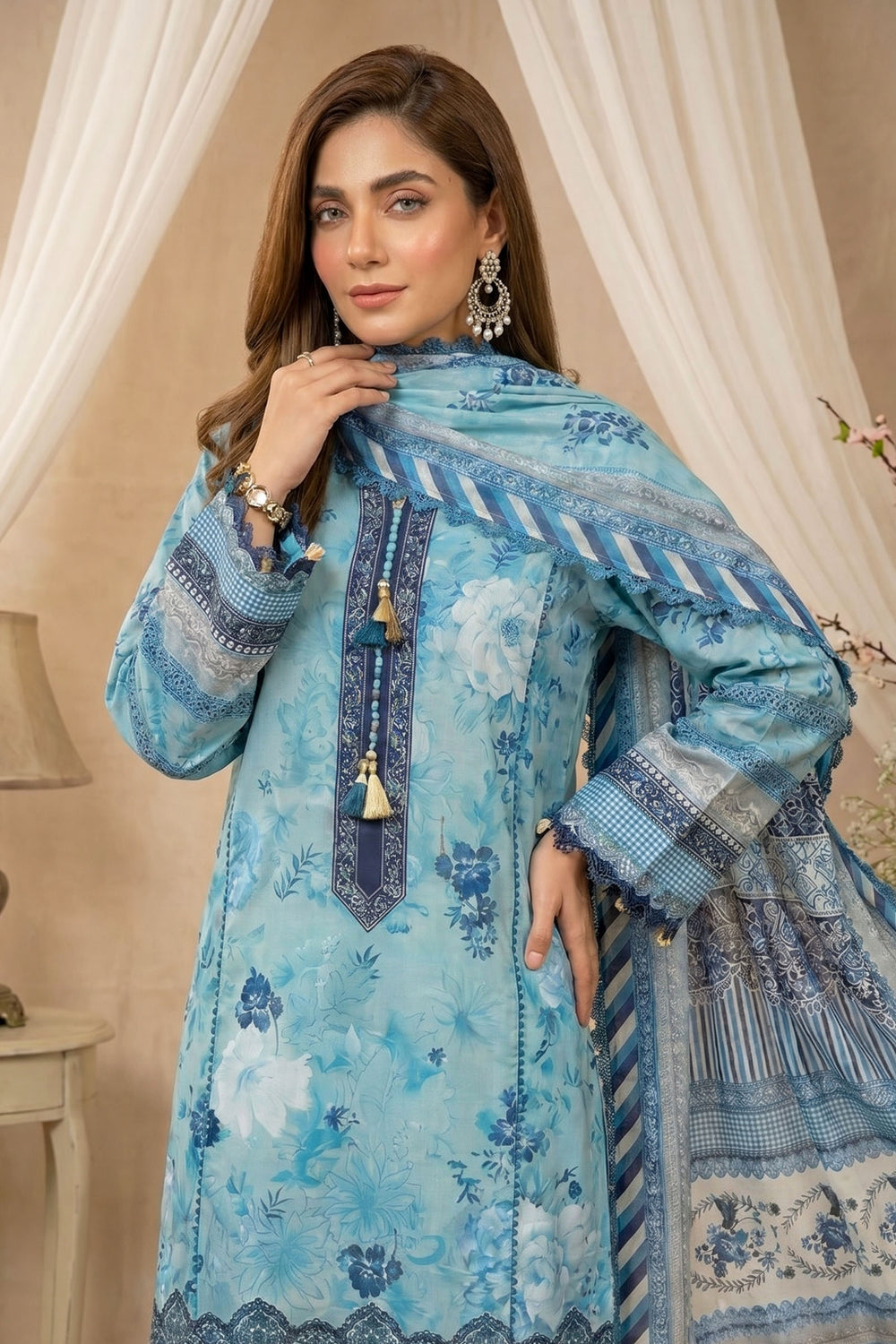 Sea Blue 3 Piece Unstitched Premium Printed Lawn Suit By Jacquard Clothing Summer 2026 Hania Manahil Collection