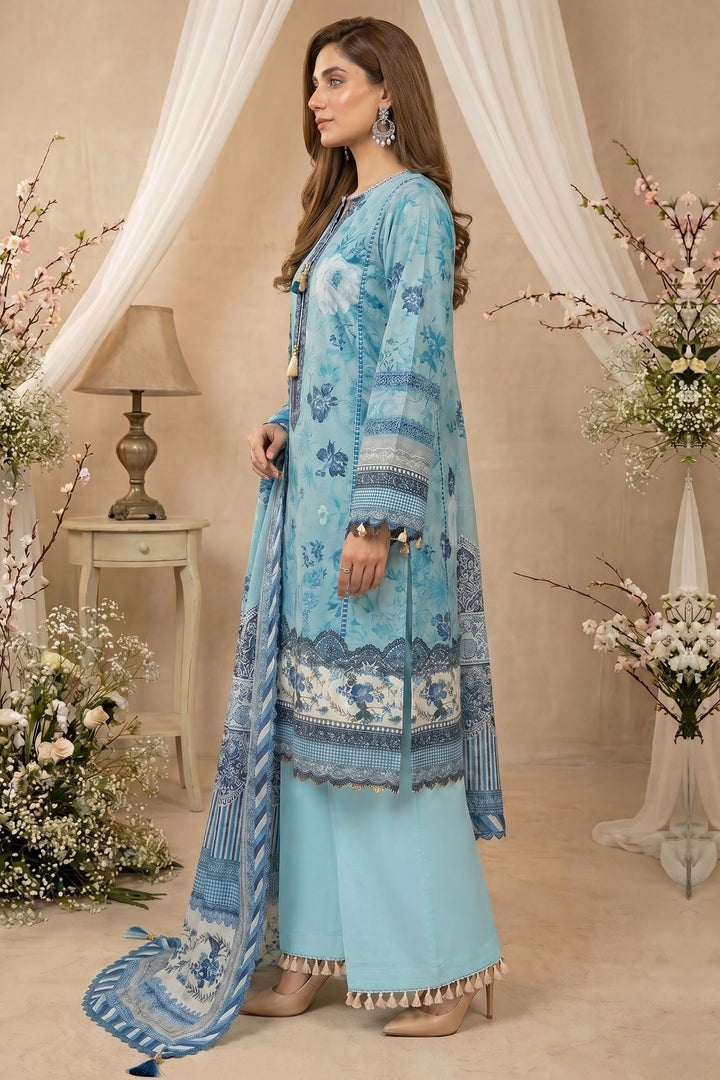 Sea Blue 3 Piece Unstitched Premium Printed Lawn Suit By Jacquard Clothing Summer 2026 Hania Manahil Collection