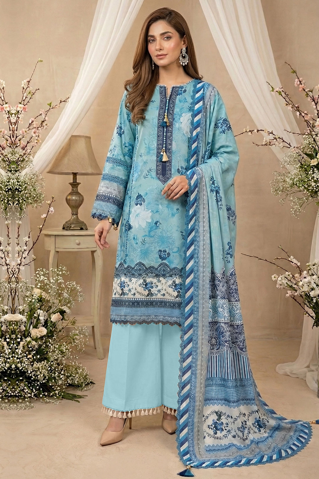 Sea Blue 3 Piece Unstitched Premium Printed Lawn Suit By Jacquard Clothing Summer 2026 Hania Manahil Collection