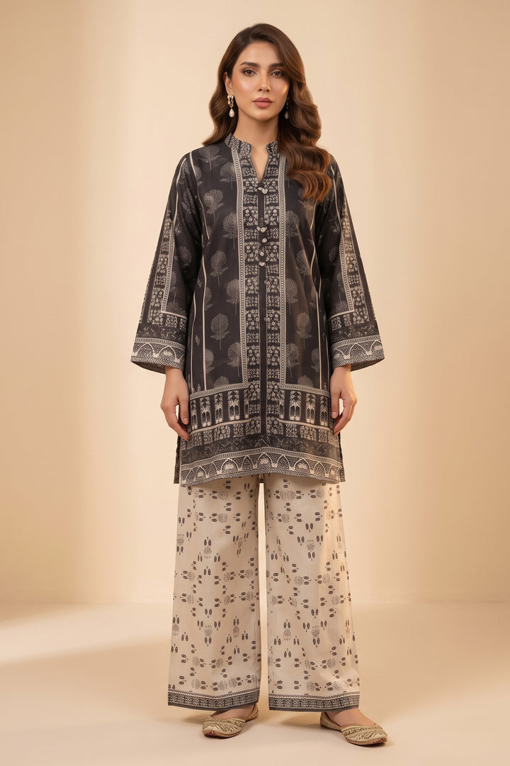 Smoky Black 2 Piece Unstitched Printed Cambric Co-Ord Set