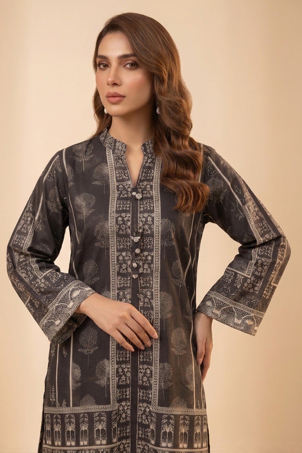 Smoky Black 2 Piece Unstitched Printed Cambric Co-Ord Set