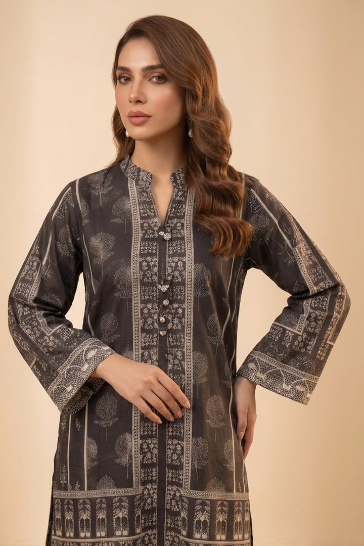 Smoky Black 2 Piece Unstitched Printed Cambric Co-Ord Set