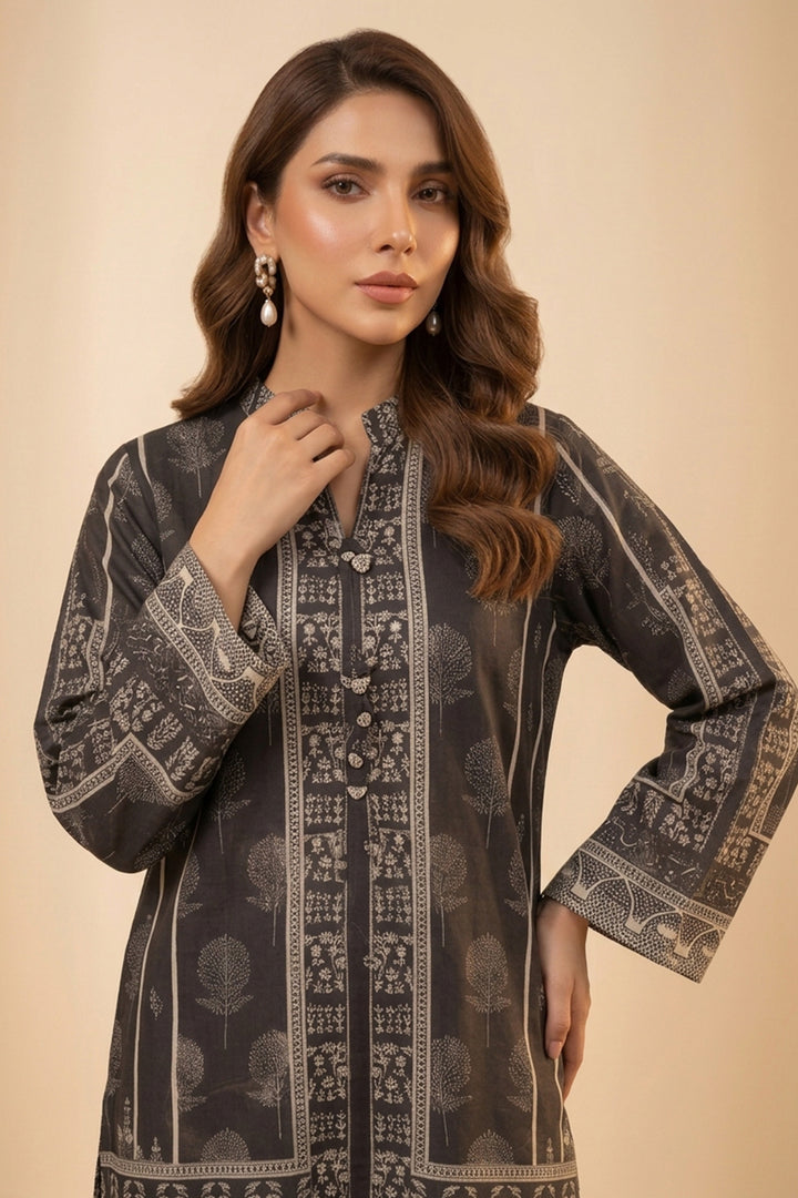 Smoky Black 2 Piece Unstitched Printed Cambric Co-Ord Set