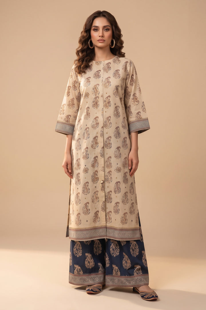 Tan 2 Piece Unstitched Printed Cambric Co-Ord Set