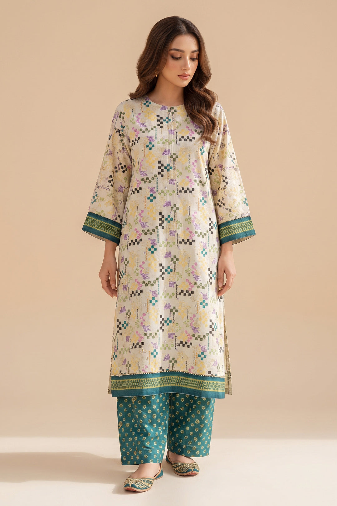 Tan 2 Piece Unstitched Printed Cambric Co-Ord Set