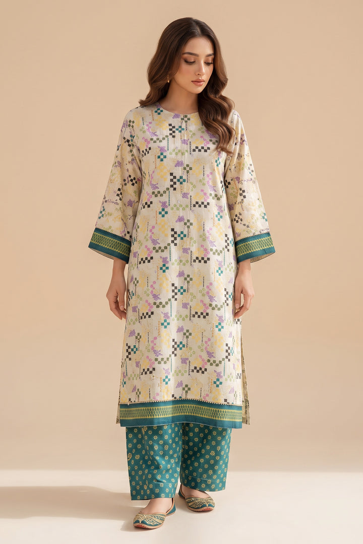 Tan 2 Piece Unstitched Printed Cambric Co-Ord Set