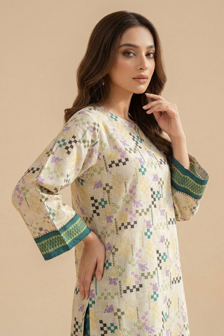 Tan 2 Piece Unstitched Printed Cambric Co-Ord Set