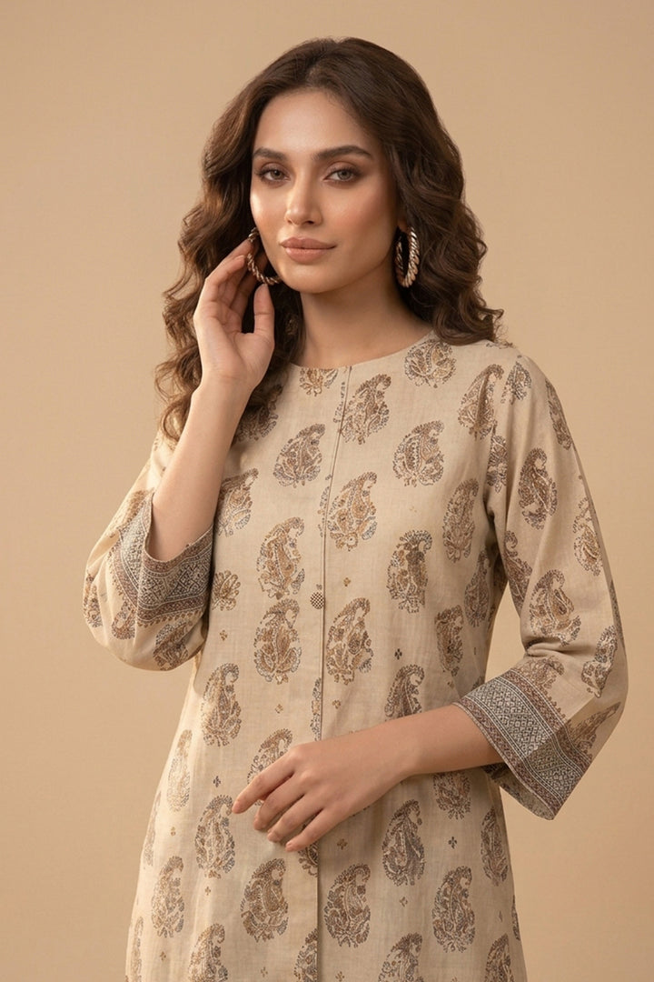 Tan 2 Piece Unstitched Printed Cambric Co-Ord Set