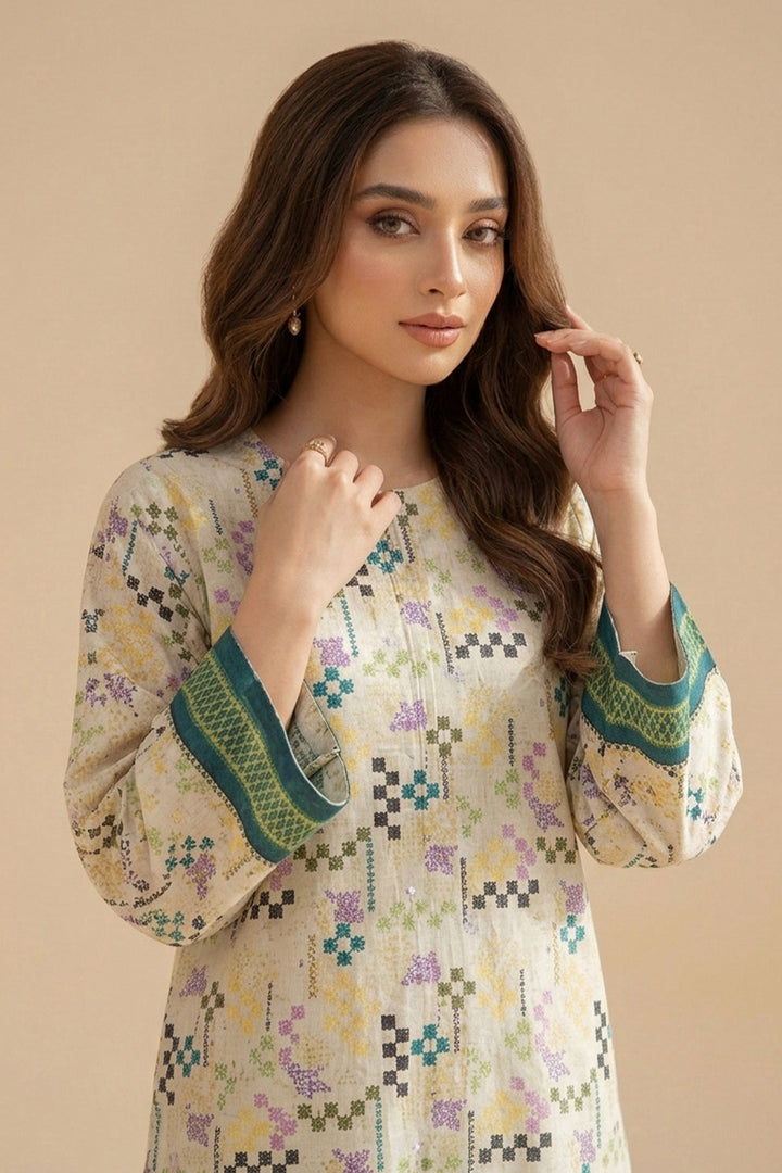 Tan 2 Piece Unstitched Printed Cambric Co-Ord Set
