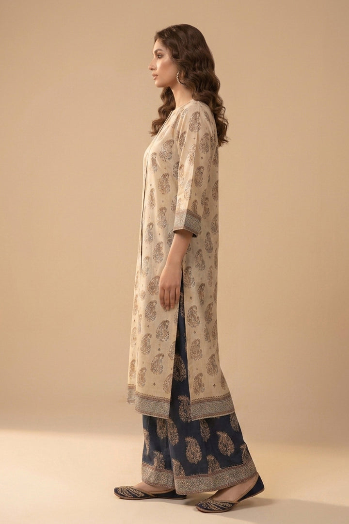 Tan 2 Piece Unstitched Printed Cambric Co-Ord Set