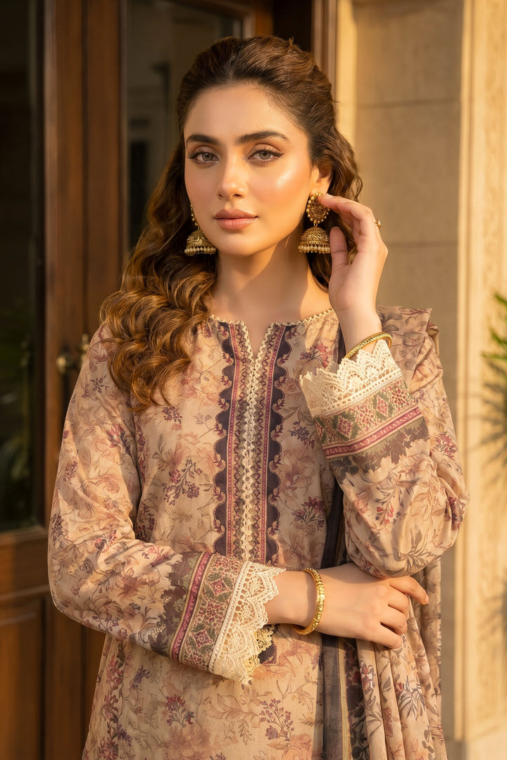Tan 3 Piece Unstitched Premium Printed Lawn