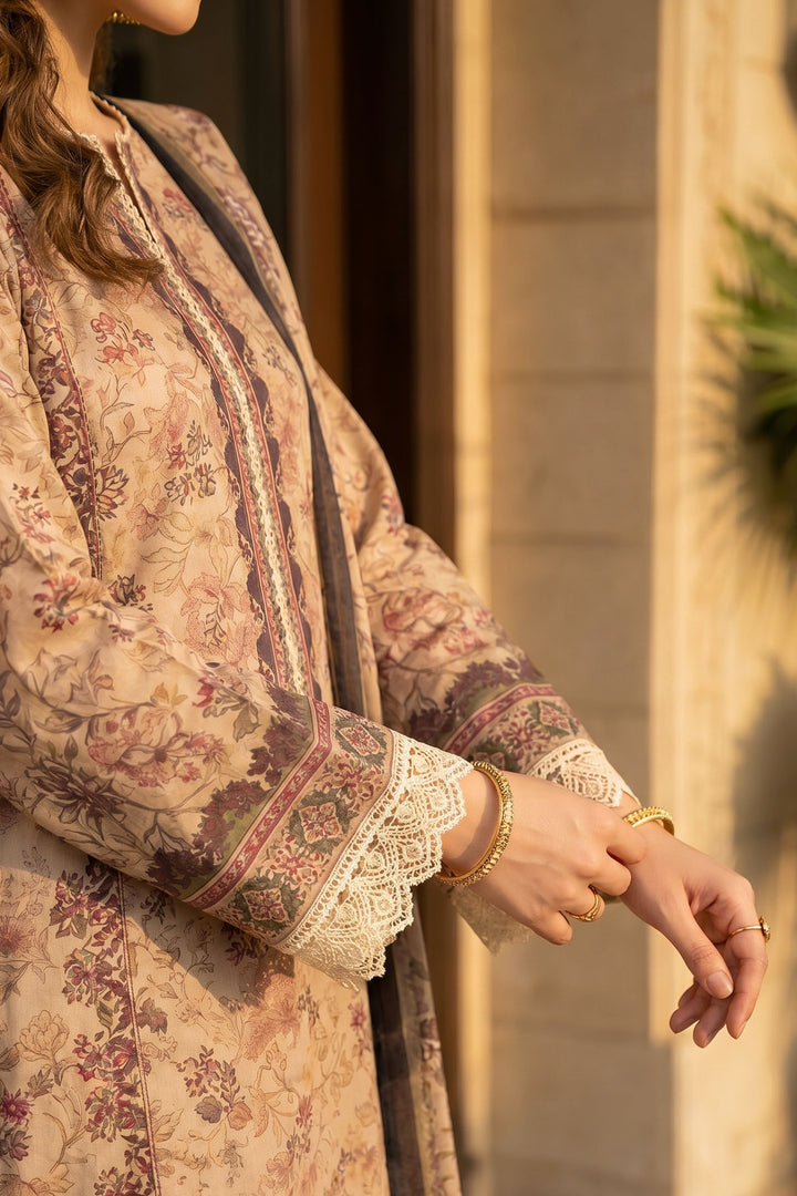 Tan 3 Piece Unstitched Premium Printed Lawn