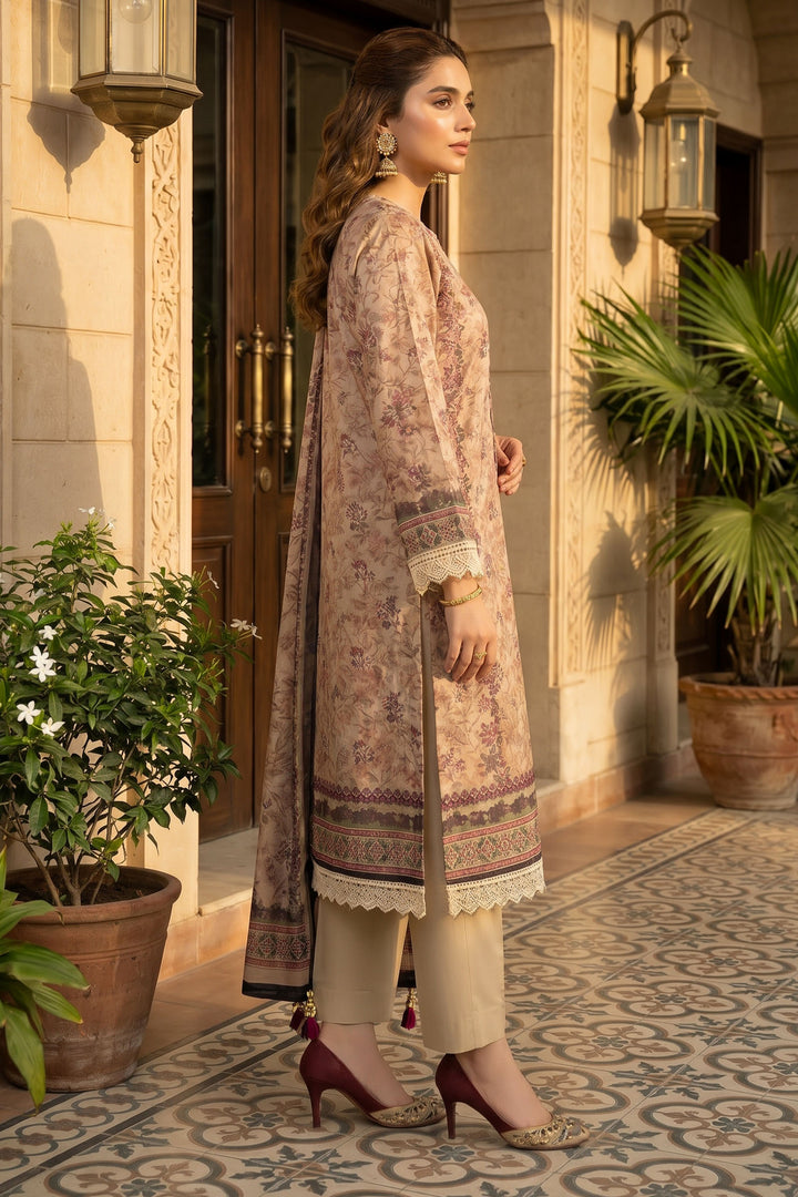 Tan 3 Piece Unstitched Premium Printed Lawn