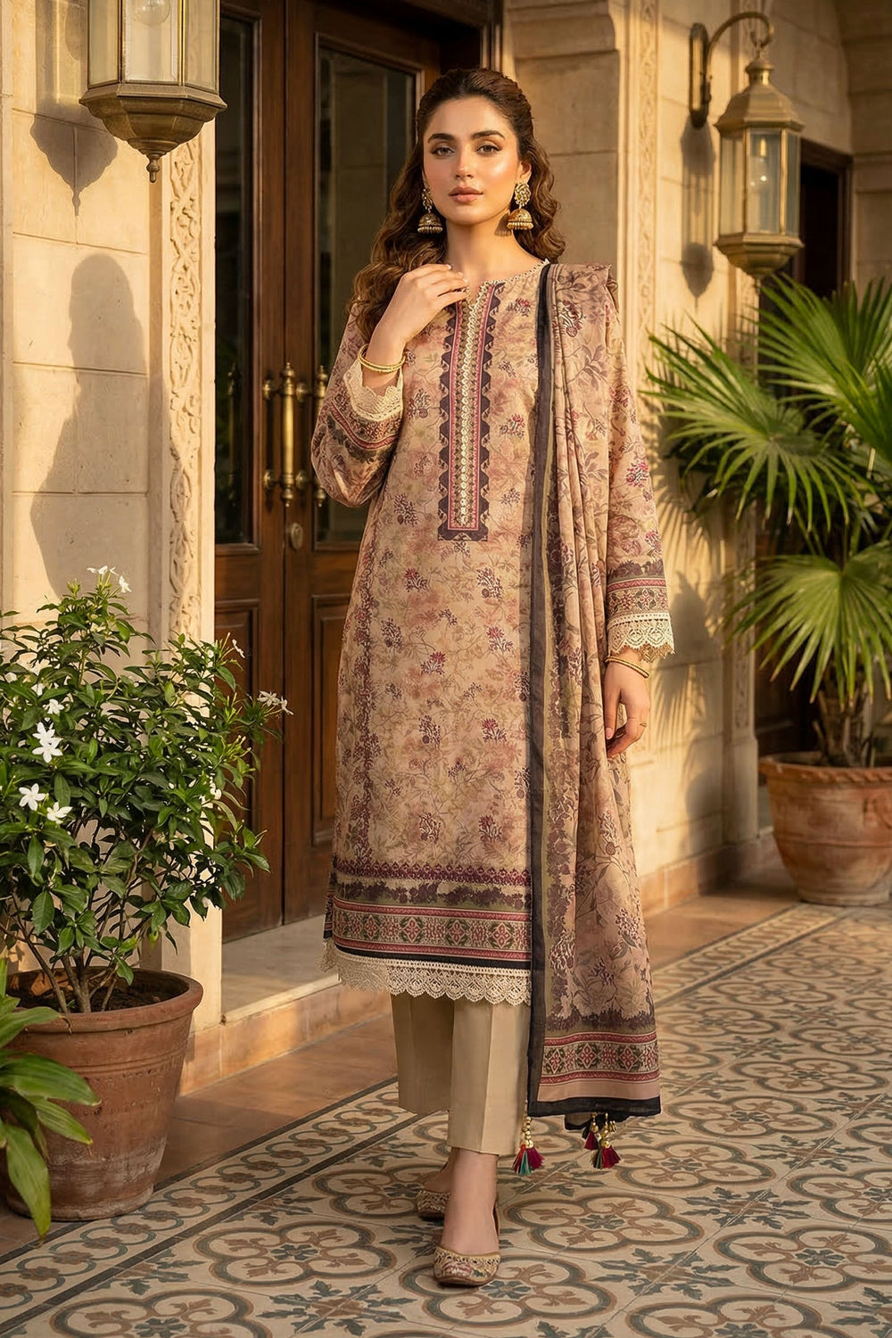 Tan 3 Piece Unstitched Premium Printed Lawn