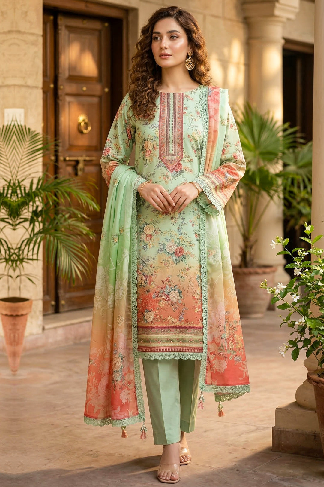 Tea Green 3 Piece Unstitched Premium Printed Lawn Suit By Jacquard Clothing Soha Afreen Summer Collection