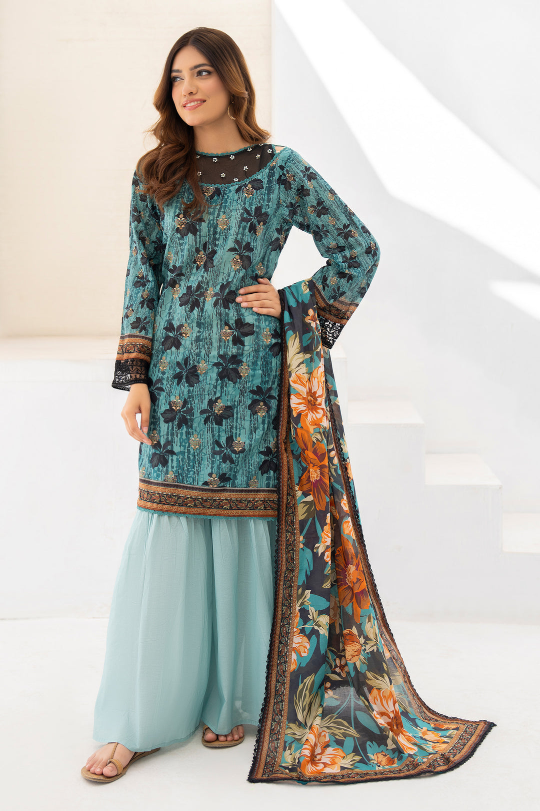 Teal 3 Piece Unstitched Premium Lawn - SU25V4-S2 - JACQUARD CLOTHING