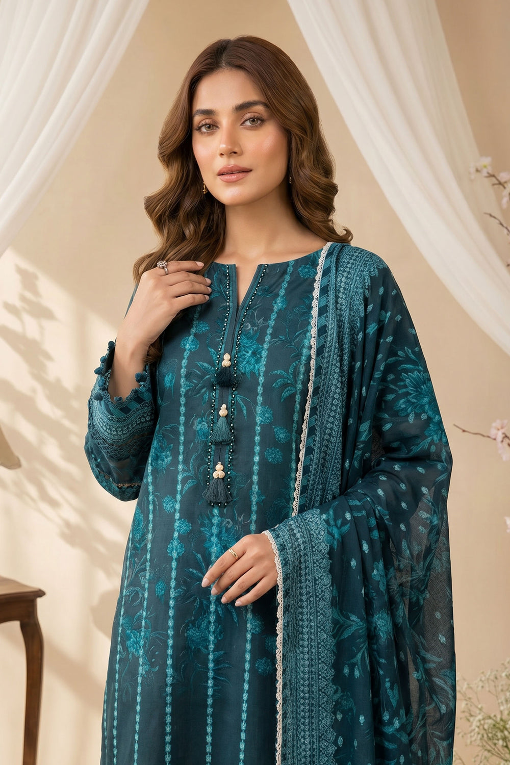 Teal Blue 3 Piece Unstitched Premium Printed Lawn Suit By Jacquard Clothing Summer 2026 Hania Manahil Collection