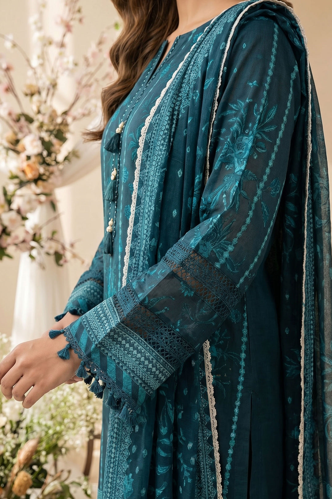 Teal Blue 3 Piece Unstitched Premium Printed Lawn Suit By Jacquard Clothing Summer 2026 Hania Manahil Collection