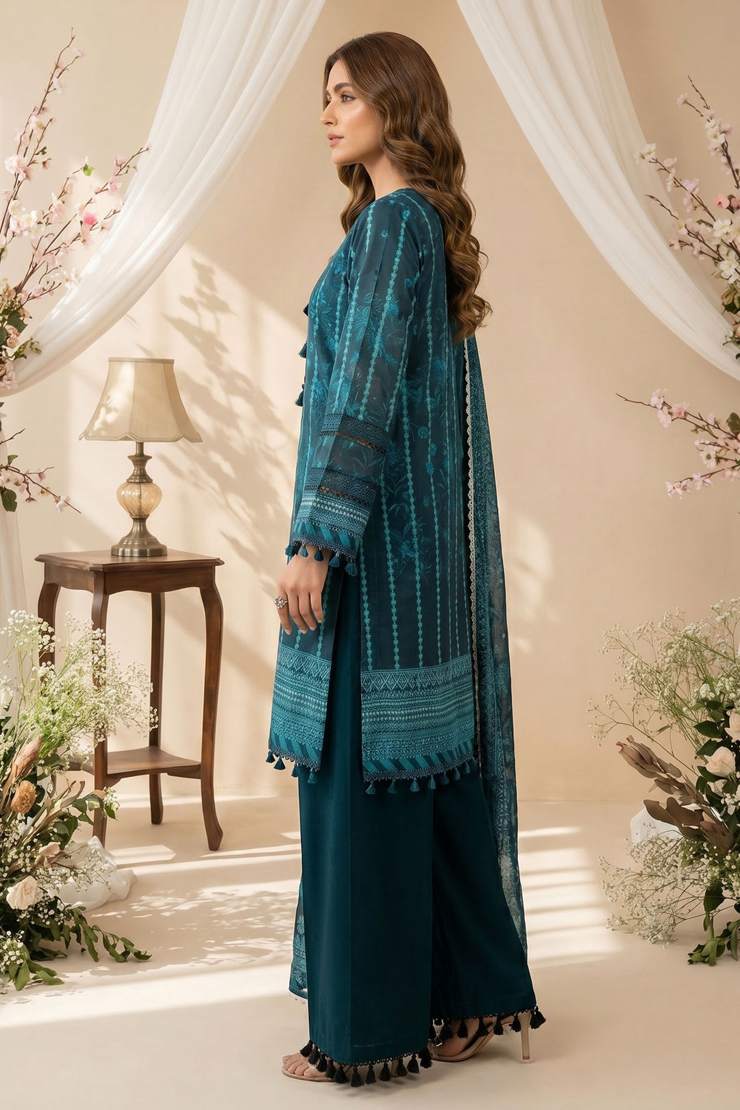 Teal Blue 3 Piece Unstitched Premium Printed Lawn Suit By Jacquard Clothing Summer 2026 Hania Manahil Collection