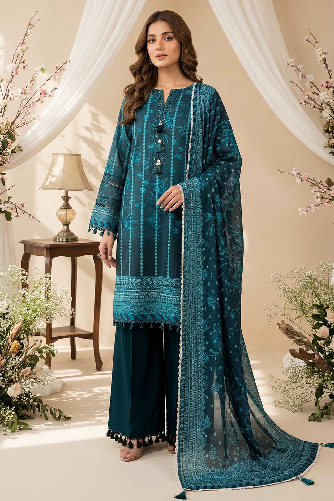 Teal Blue 3 Piece Unstitched Premium Printed Lawn Suit By Jacquard Clothing Summer 2026 Hania Manahil Collection