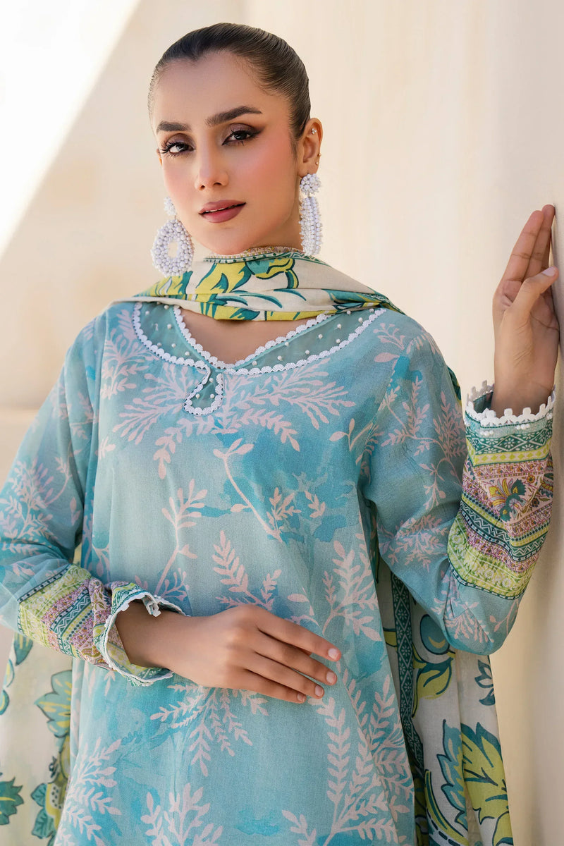 3 Piece Unstitched Turquoise Premium Lawn - Jacquard Clothing