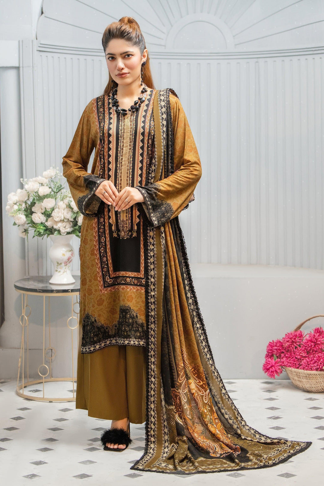 Unstitched Mustard 3 Piece Linen - Jacquard Clothing