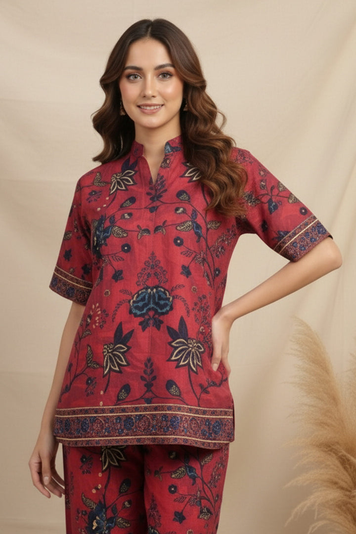 Unstitched Premium Deep Carmine Printed Co-Ord Set By Jacquard Clothing Summer 2026