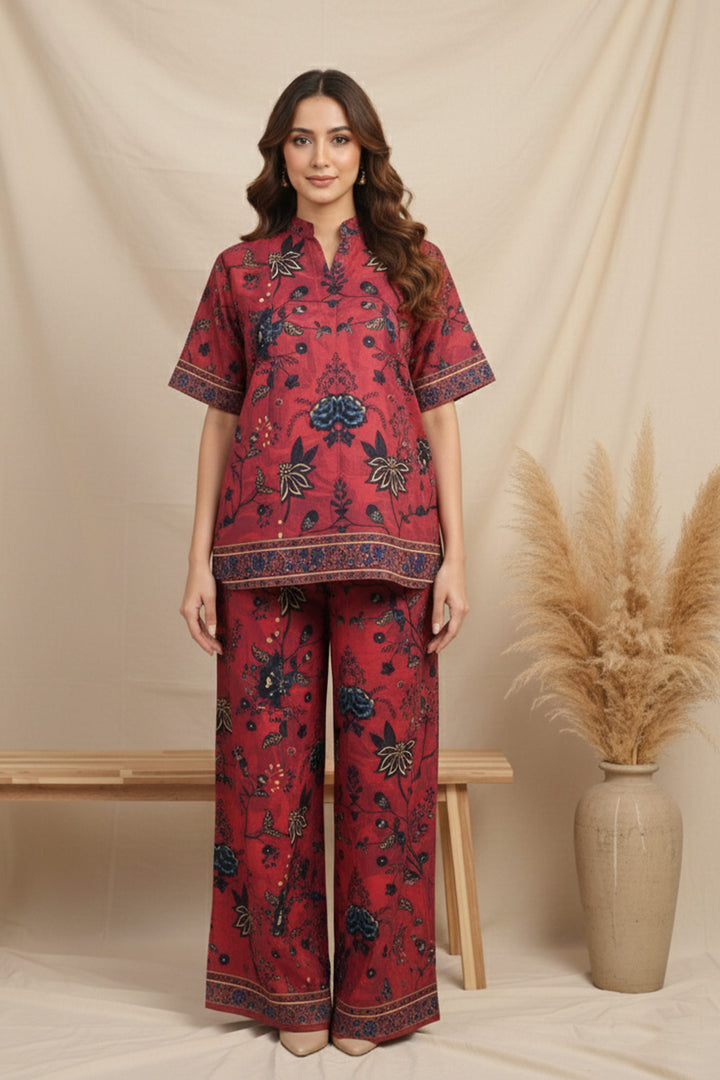 Unstitched Premium Deep Carmine Printed Co-Ord Set By Jacquard Clothing Summer 2026