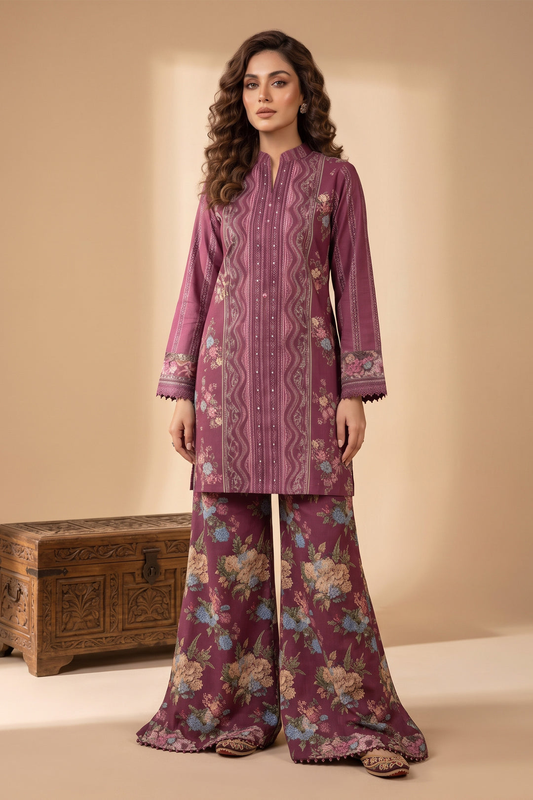 Wine 2 Piece Unstitched Printed Cambric Co-Ord Set