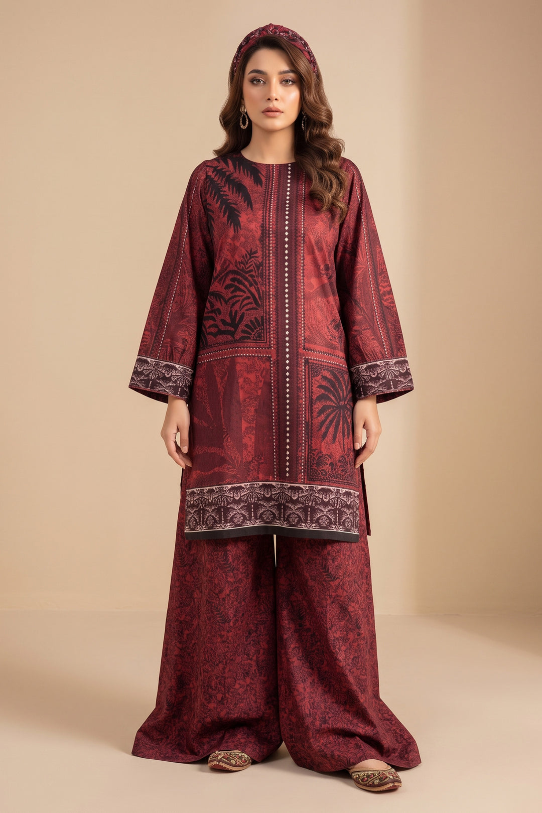 Wine 2 Piece Unstitched Printed Cambric Co-Ord Set