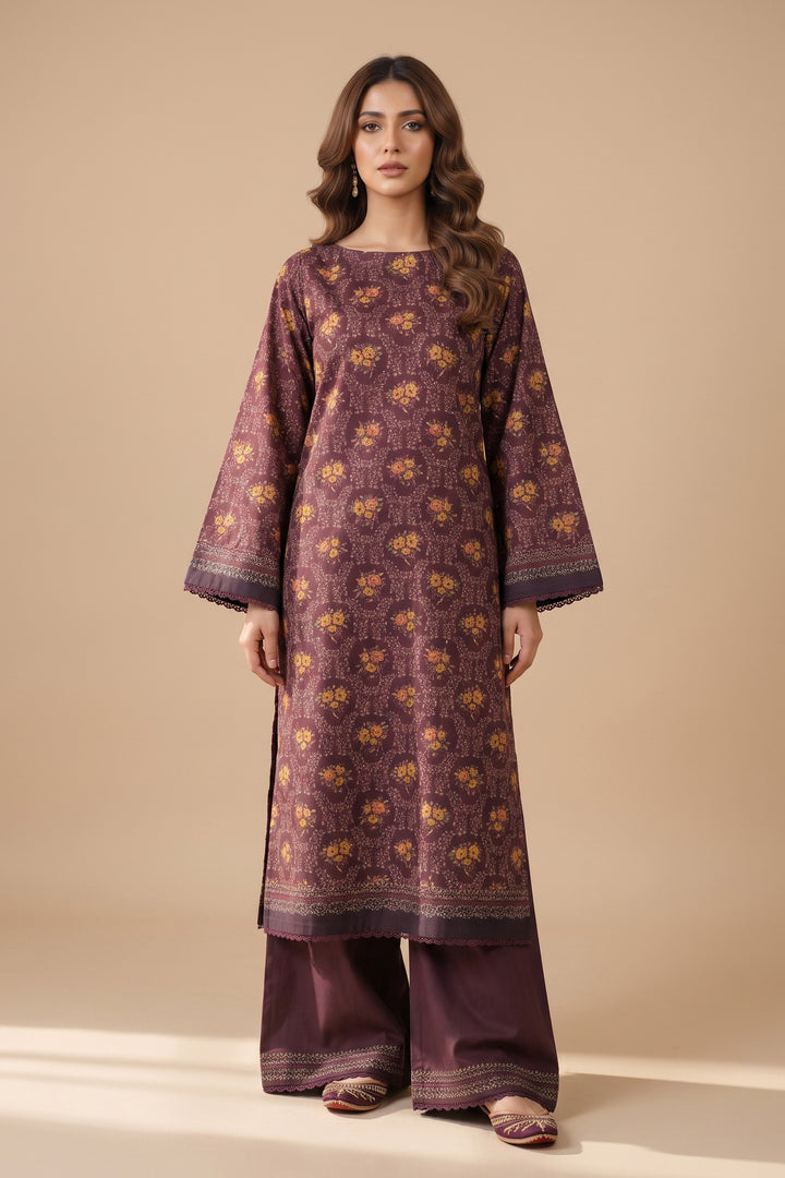 Wine 2 Piece Unstitched Printed Cambric Co-Ord Set